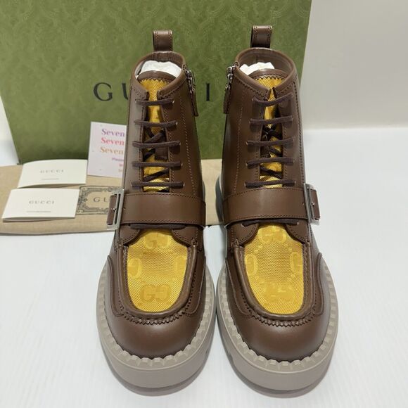 NIB Gucci GG Lace-Up Boots 9 US 9.5 Brown Leather Yellow Insert Side Zip $1600 main image 11